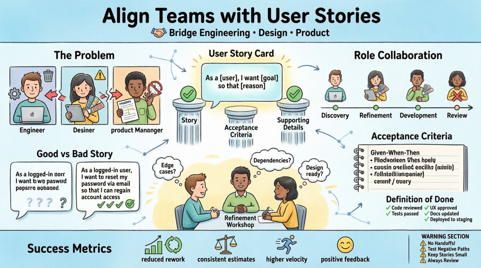 Cartoon infographic illustrating how User Stories align Engineering, Design, and Product teams: features the user story formula 'As a [user], I want [goal], so that [reason]', three pillars of effective stories, role responsibilities across discovery-refinement-development-review phases, Given-When-Then acceptance criteria example, Definition of Done checklist, common pitfalls to avoid, and success metrics like reduced rework and higher velocity