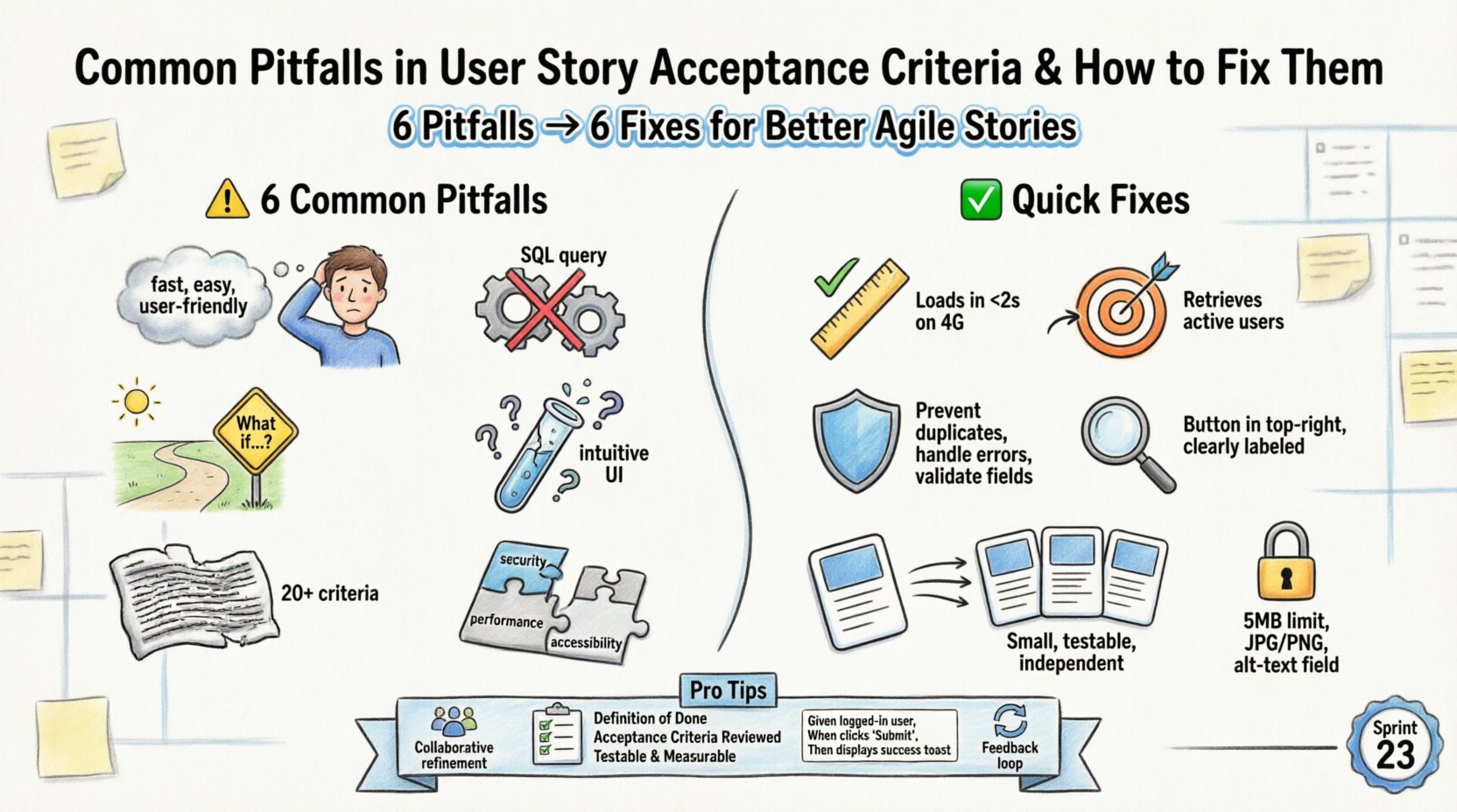 Cartoon infographic illustrating 6 common pitfalls in Agile user story acceptance criteria—ambiguity, implementation focus, happy-path only, lack of testability, over-complexity, and ignored non-functional requirements—with visual fixes, pro tips for collaborative refinement, and metrics to measure success for better software delivery