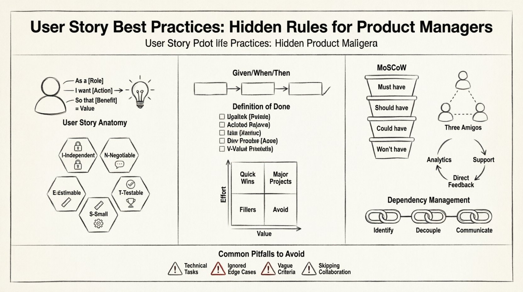 Line art infographic illustrating user story best practices for product managers: core anatomy (Role-Action-Benefit), INVEST principles (Independent, Negotiable, Valuable, Estimable, Small, Testable), acceptance criteria with Given/When/Then format, Definition of Done checklist, prioritization strategies (MoSCoW method and Value vs Effort matrix), collaboration frameworks like Three Amigos, feedback loops, dependency management, and common pitfalls to avoid—designed as a minimalist black-and-white visual guide for agile product development teams