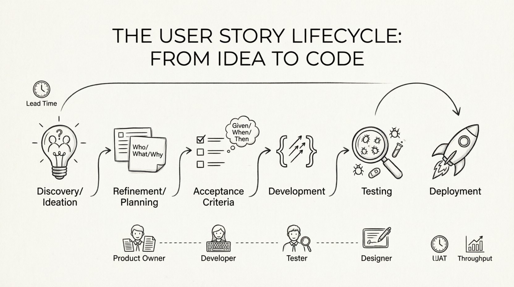 Line art infographic illustrating the 6-phase user story lifecycle in software development: Discovery and Ideation, Refinement and Planning, Acceptance Criteria and Definition of Done, Development and Implementation, Testing and Verification, and Deployment and Feedback. Shows iterative workflow with collaboration between product owners, developers, testers, and designers, plus key metrics like lead time and throughput, and a continuous improvement feedback loop.