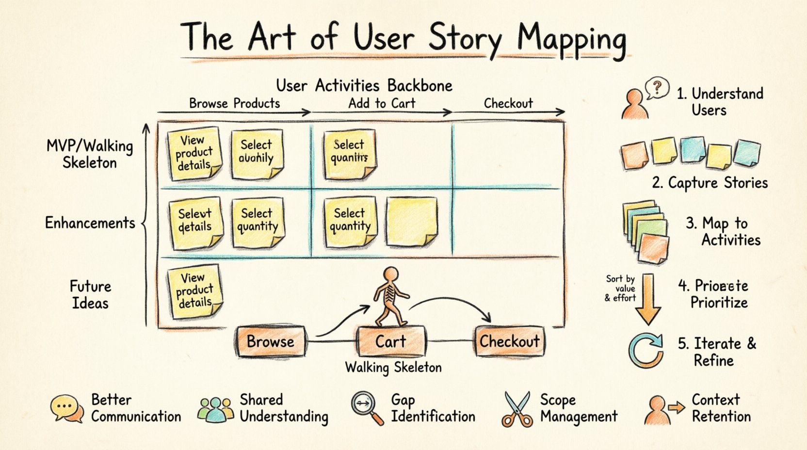 Hand-drawn infographic illustrating user story mapping for product backlogs: shows horizontal user activity backbone (Browse, Add to Cart, Checkout) with vertical priority layers (MVP, Enhancements, Future), 5-step creation process (define persona, identify activities, flesh stories, prioritize, iterate), walking skeleton concept, and key benefits including better communication, shared understanding, and gap identification - thick outline sketch style with sticky-note visual elements