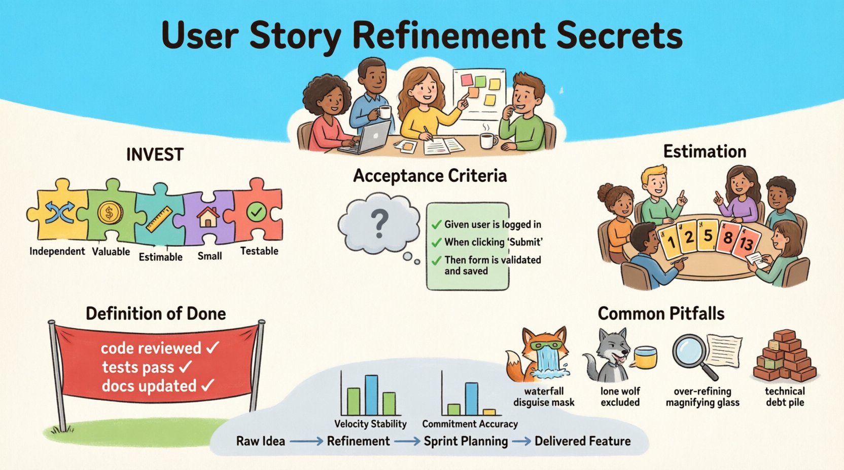 Cartoon infographic illustrating User Story Refinement secrets for Sprint Planning: features the INVEST model (Independent, Valuable, Estimable, Small, Testable) as colorful puzzle pieces, before/after acceptance criteria examples using Given/When/Then format, Planning Poker estimation cards, Definition of Done checklist at a finish line, common pitfalls as warning signs, team collaboration roles, and key metrics dashboard—all in a bright, playful 16:9 widescreen layout designed to help agile teams prepare stories effectively and reduce sprint planning friction.
