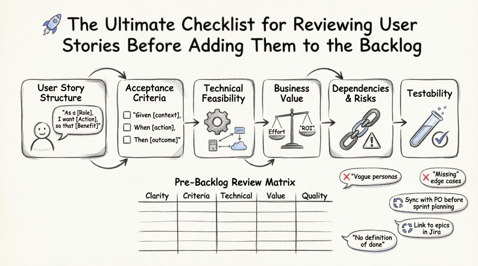 Sketch-style infographic illustrating the ultimate checklist for reviewing user stories before backlog addition: covers user persona, action, benefit structure, acceptance criteria with Gherkin format, technical feasibility assessment, business value prioritization, dependency mapping, testability standards, and pre-backlog review matrix for agile teams
