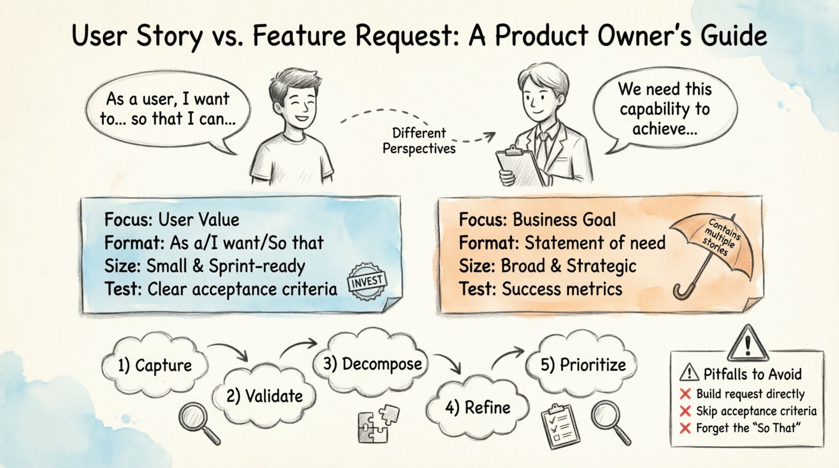 Hand-drawn infographic comparing User Stories and Feature Requests for Product Owners, illustrating key differences in focus, format, granularity, and lifecycle; shows User Story format 'As a/I want/So that', INVEST criteria, Feature Request characteristics, 5-step decomposition workflow from request to story, and common pitfalls to avoid in product backlog management