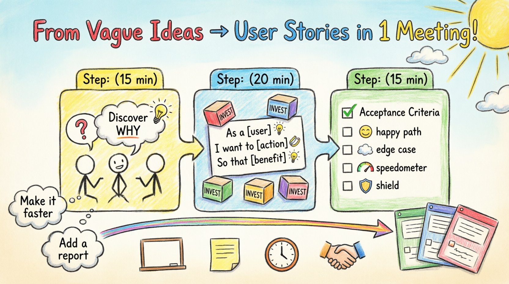 Child-style crayon drawing infographic illustrating a three-phase meeting framework to transform vague stakeholder ideas into actionable user stories: Phase 1 Discovery (15 min) with speech bubbles and lightbulbs asking 'Why?', Phase 2 Story Structuring (20 min) showing the 'As a user, I want to, So that' template surrounded by colorful INVEST criteria blocks, Phase 3 Acceptance Criteria (15 min) with checklist icons for happy path, edge cases, performance, and security; vague input clouds like 'Make it faster' transform via rainbow arrow into clear story cards, all rendered in playful hand-drawn lines, bright primary colors, and minimal text for intuitive visual learning