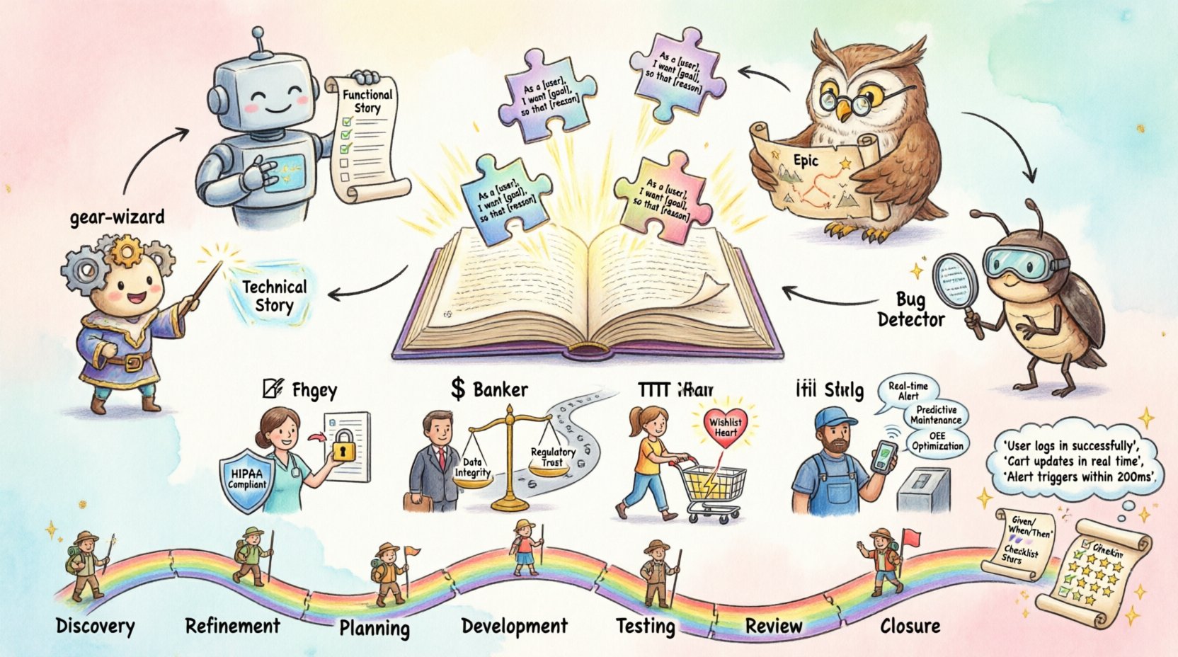 Whimsical infographic illustrating user story templates for agile product development: shows the core 'As a... I want... so that...' formula, four template types (Functional, Epic, Technical, Bug), industry adaptations for Healthcare, Finance, Retail, and Manufacturing with compliance and UX considerations, acceptance criteria methods including Gherkin syntax, and the 7-stage user story lifecycle—all presented in a playful, colorful hand-drawn style with icons, characters, and visual pathways for intuitive learning