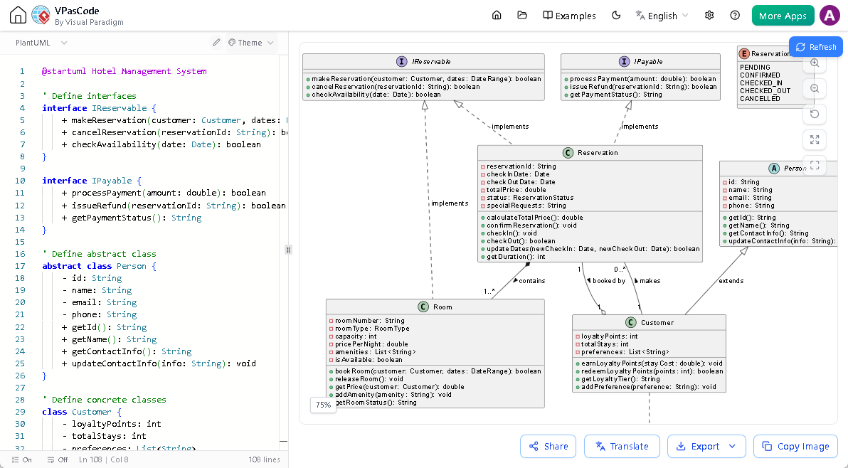 Screenshot of VPasCode, a diagram as code tool, editing a PlantUML class diagram