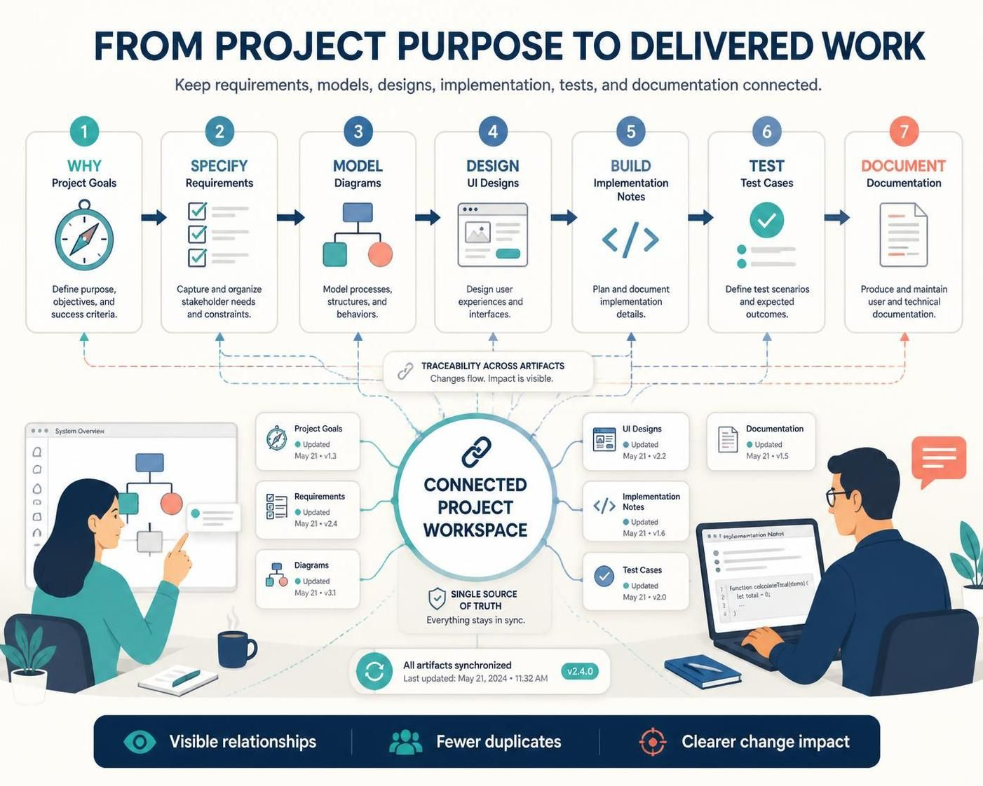 Workflow from project purpose to delivered work showing connected project workspace